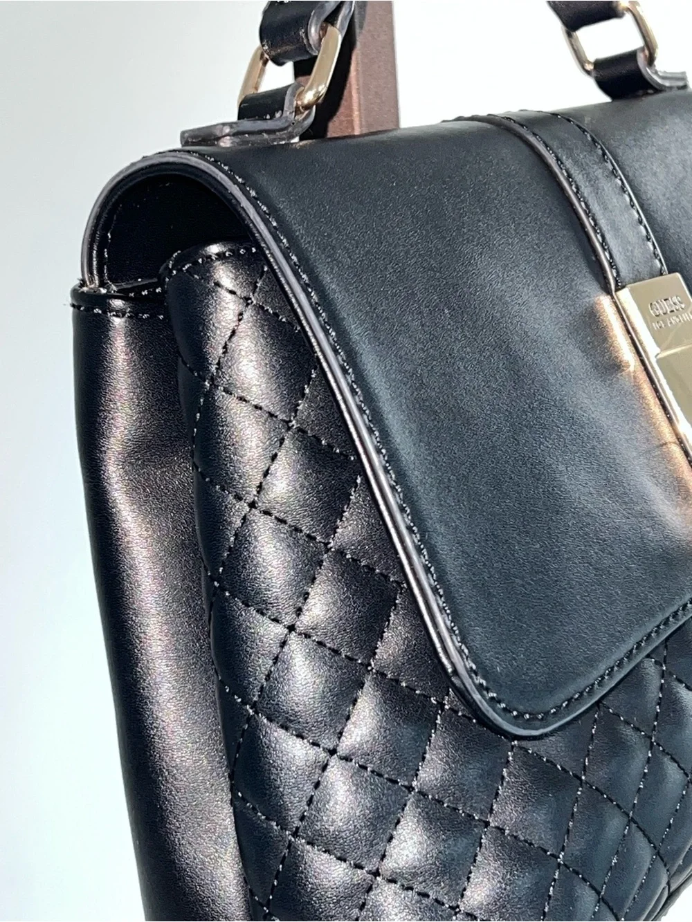 GUESS Los Angeles Black Quilted Top Handle Shoulder Bag Satchel Gold Hardware